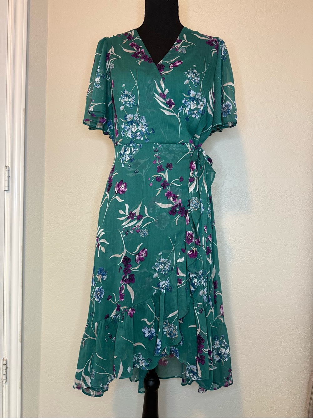 Calvin Klein Green Floral Wrap Midi Dress with Purple & White Flowers